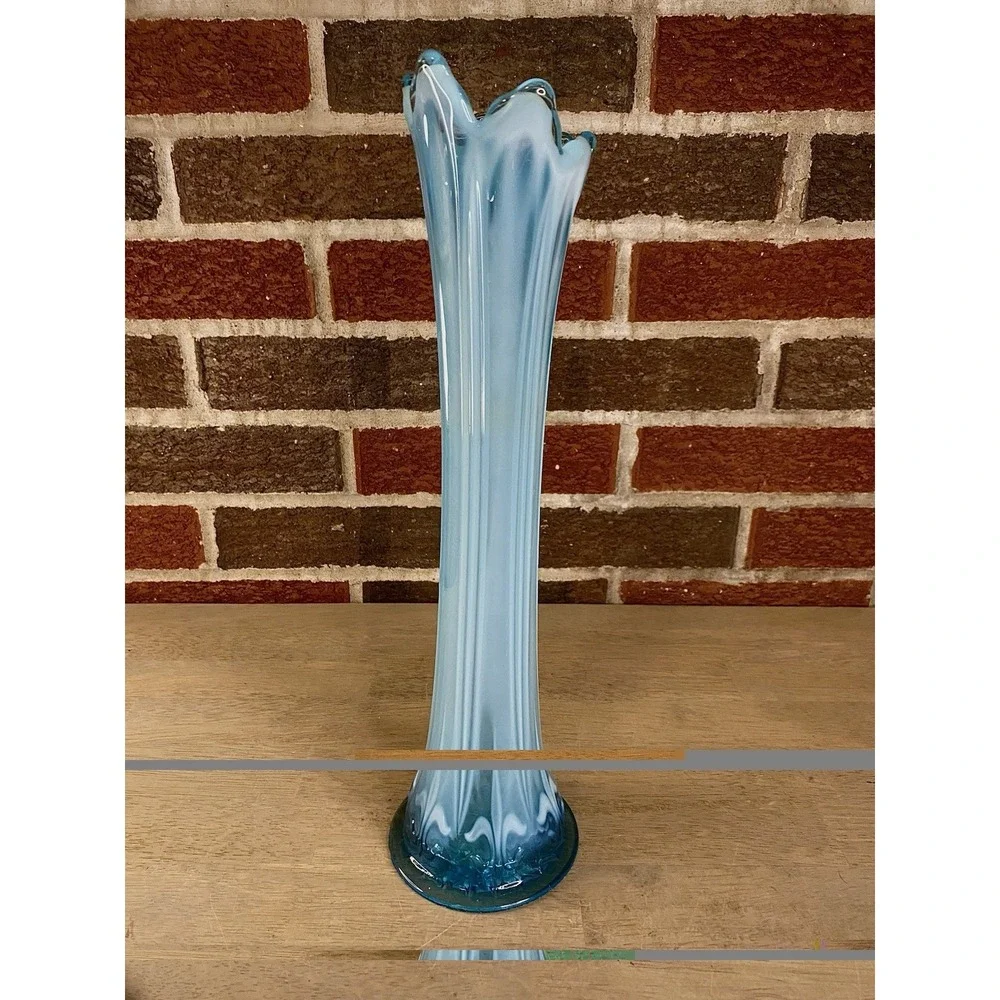 Antique EAPG‎ Blue Opalescent Swung Vase Ribbed Feather Pattern Art Glass